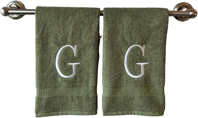 Sage Initial Hand Towel for Bathroom - Monogrammed Luxury Hotel Quality Decorative Embroidered Towel for Powder Room, Spa - GOTS Organic Certified - Set of 2 Letter G