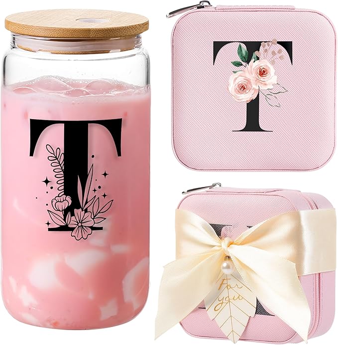 AYGXU Birthday Gifts for Women,Travel Gifts for Teen Girls,Thanksgiving gifts for women,Valentines Gifts,Graduation Gifts for Her,glass cup with bamboo lid and straw,Initial T pink