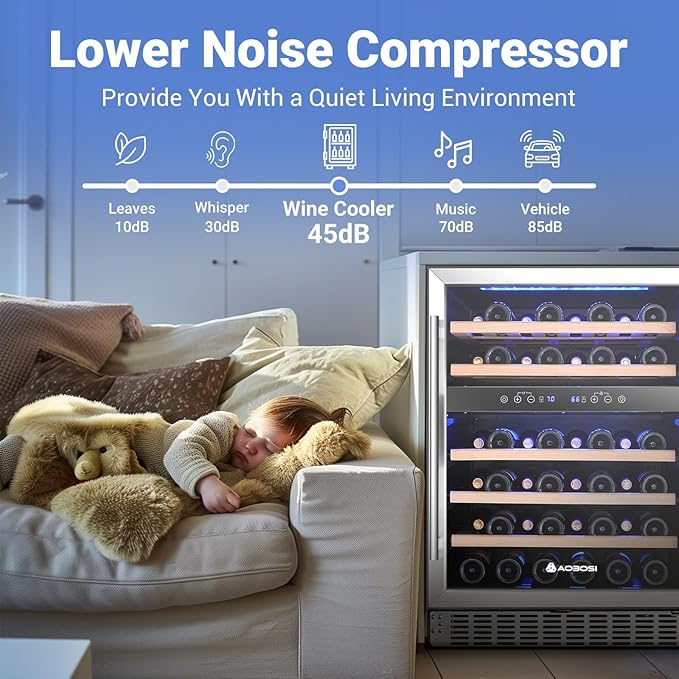 AAOBOSI 24 Inch Wine Fridge, 46 Bottles Wine Cooler with Dual Zone, Freestanding and Built-in Wine Refrigerator with Adjustable Shelves and Safety Lock, Double-Layer Glass Door, LED Light