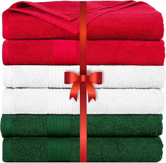 Ample Decor Hand Towel for Bathroom 100% Cotton 18 X 28 Inch 600 GSM Soft - 6 pcs Christmas White, Red & Green