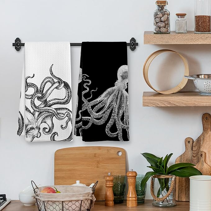 Coastal Octopus Decor Dish Hand Tea Towels for Bathroom Kitchen, Octopus Ocean Nautical Beachy Bathroom Decor, Black and White Coastal Nautical Kitchen Towels and Dishcloths Sets of 2,16x24In
