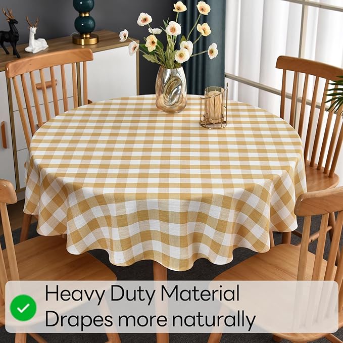 Gingham Table Cloth for Round Tables Yellow Checkered Plaid Tablecloth Heavy Duty Cotton Blend Washable & Wrinkle Table Cover for Outdoor Kitchen Dining Picnic Camping (53 inch Diameter)