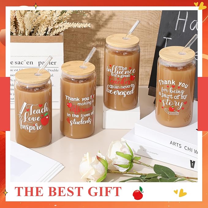 4 Pcs 16 oz Christmas Teacher Gifts for Women Teacher Appreciation Gifts Thank You Coffee Cup Tumbler Drinking Glass Beer Cups with Bamboo Lids Glass Straw Cleaning Brush for Employee Staff(Grateful)