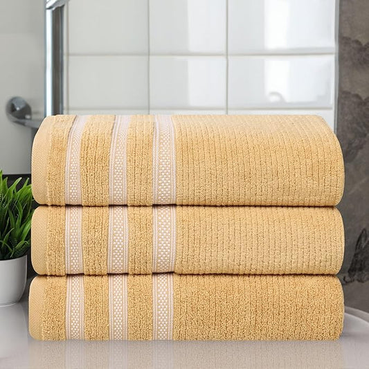 Superior Cotton Bath Towel Set, Zero Twist, Ribbed Geometric, Large Plush Absorbent Body Towels, Luxury Soft Quick Drying, Shower, Spa, Hotel, Pool, Guest Bathroom, Home Essentials, Set of 3, Gold