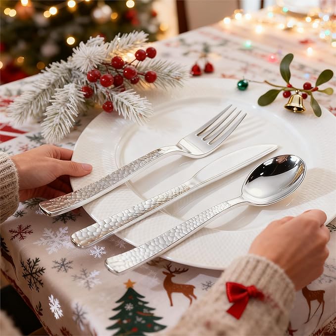 WELLIFE 50 Pack Silver Plastic Silverware,Wrapped Silverware Set Disposable,Hammer Pattern Design,Includes:50 Forks, 50 Knives, 50 Spoons, 50 Napkins,Utensils Plastic Disposable for Christmas