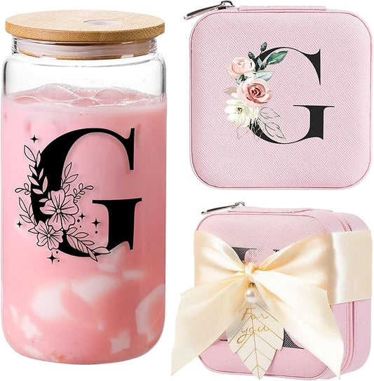 AYGXU Travel essential jewelry box,16oz Glass Cups with Bamboo Lids and Straws set,Personalized Jewelry Boxes for Women Girls,Travel Gifts for Women,Birthday Gifts for Girls,Initial G pink