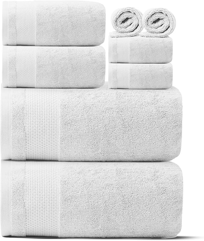 Ariv Premium Bath Towels Pack of 8, 100% Cotton, 2 Large Bath Towels, 2 Hand Towels, 4 Washcloths, Super Soft, Highly Absorbent, Quick Dry, Durable, Great Value, Perfect for Home & Bathroom - White