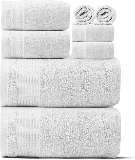 Ariv Premium Bath Towels Pack of 8, 100% Cotton, 2 Large Bath Towels, 2 Hand Towels, 4 Washcloths, Super Soft, Highly Absorbent, Quick Dry, Durable, Great Value, Perfect for Home & Bathroom - White