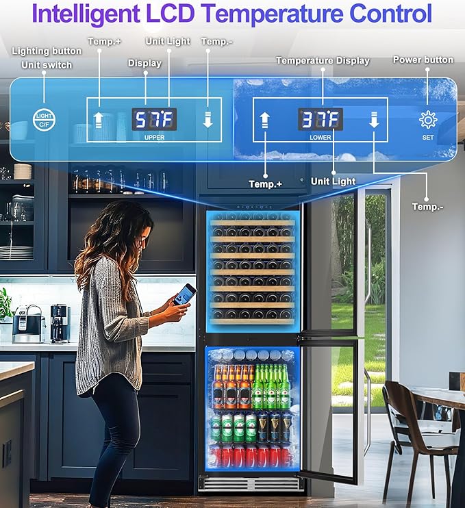 Wine Beverage Refrigerator with Double-Layer Temperature Zone, 24'' Large Capacity Built-in & Freestanding Wine Cooler Fridge for 154 Bottles, Wine and Beverage Fridge Combo for Home Kitchen Outdoor
