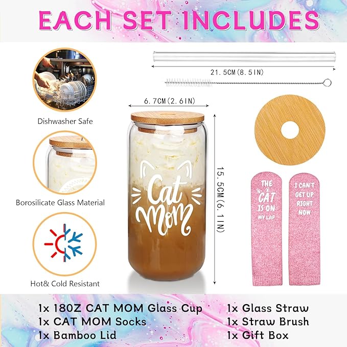 Mason Life Cat Mom Mother's Day Gifts, Cat Lover Gifts for Women, Mom Gift for Women, Valentine Birthday Present for Kitten Lover, 18oz Cute Kitty Mama Ice Coffee Cup Glass Cup with Lid Straw