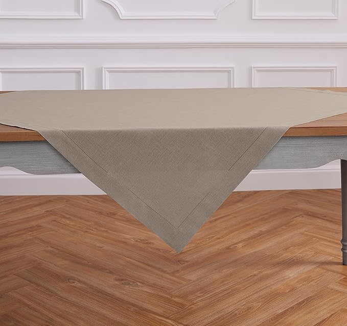 Solino Home Natural Linen Tablecloth 52 x 52 Inch - 100% Pure Linen Square Table Throw - Classic Hemstitch, Machine Washable Table Cloth for Holiday, New Year