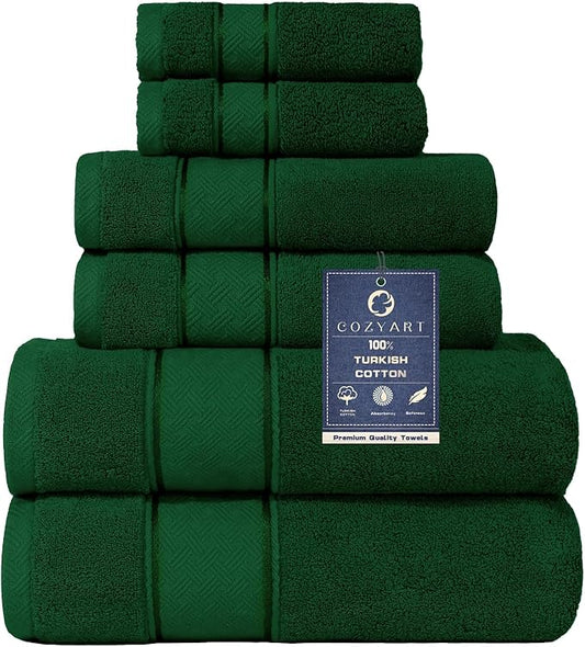 COZYART Formal Green Bath Towel Set 6 Piece, Luxury 100% Turkish Cotton 650GSM Hotel Quality, Soft, Absorbent,Towel Sets for Bathroom | 2 Bath Towels 2 Hand Towels 2 Washcloths