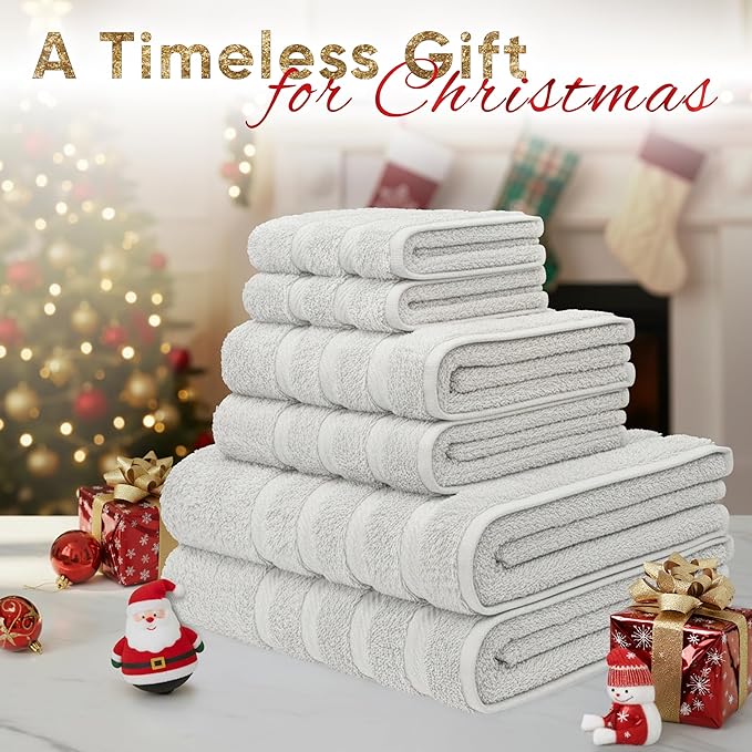 American Soft Linen Luxury 6 Piece Towel Set, 2 Bath Towels 2 Hand Towel 2 Washcloths, 600 GSM 100% Cotton Turkish Towels for Bathroom, Silver Grey Towel Sets