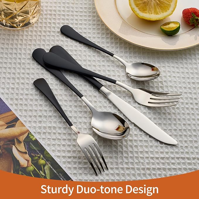 20 Piece Black 18/0 Flatware Utensil Set for 4, Include Dinner Knife,Dinner Forks,Dinner Spoons,Salad Forks,Teaspoons,Silverware Set for 4, Dishwasher Safe