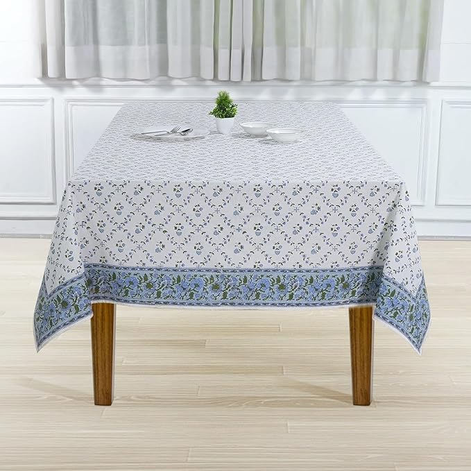 Ridhi Powder Blue Hand Block Print Cotton Rectangle Tablecloth 108" x 60" inches Reusable Table Cover Decorative Everyday Use for Dining, Farmhouse, Home, Party, Festive, Wedding, Fall