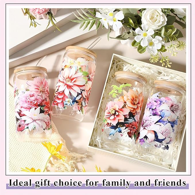 Mumufy 4 Pcs Gift for Women Bloom Floral Elegant Glass Cup Tumbler Blooming Garden 16 oz Iced Coffee Glass with Bamboo Lid & Straw, Mothers Day Birthday Gift for Mom Sister Bridesmaid Baby Shower