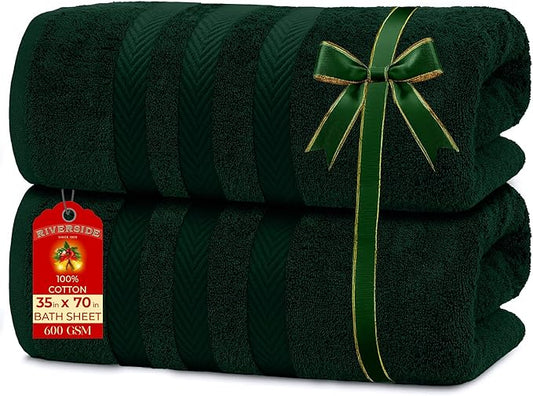 RIVERSIDE Pack of 2 Extra Large Bath Sheets 35 x 70 Inches - 100% Ring Spun Cotton Hotel Quality Oversized Bath Towels - Super Soft, Highly Absorbent & Quicker to Dry - Hunter Green