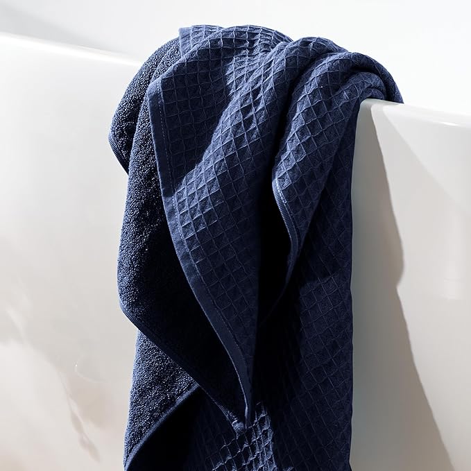 UCHINO Waffle Twist Cotton Weave Washcloth Towel for Bathroom Lightweight Absorbent Quick Dry Honeycomb Texture Solid Terry Loop Reverse 13" x 13", 1 Wash Cloth, Indigo