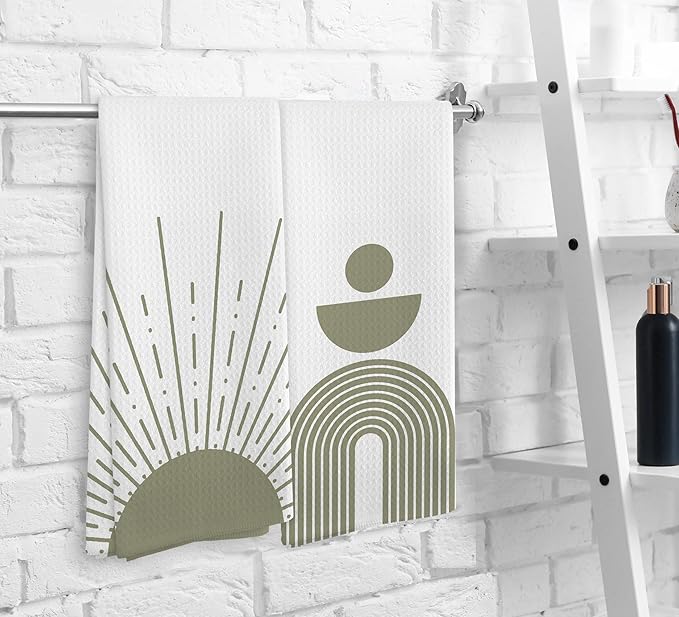 Boho Abstract Sage Green Sun Sunrise Sunshine Rainbow Geometric Shapes Kitchen Towels and Dishcloths Sets of 2,Boho Absorbent Drying Cloth Hand Towels Tea Towels for Bathroom Kitchen,16×24 inches