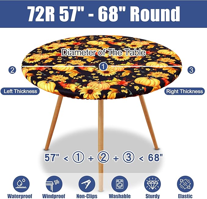 Round Spandex Thanksgiving Tablecloth, Elastic Fitted Waterproof Tablecloths for 57"-68" Tables, Stretch Washable Picnic Table Cover for Autumn Harvest Parties, Pumpkin Sunflower