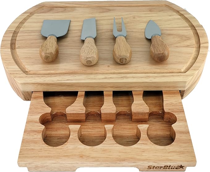 Cheese Board Set by StarBlue - Large - with 4 Knives and Slide Out Drawer | Large Oak Wooden Cheese and Platter Cutting Serving Plate Tray | Best for Housewarming and Birthday Gift