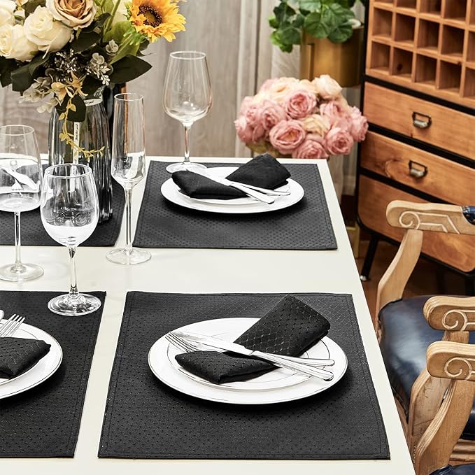 Place Mats Set of 8 – Rectangle Rectangular Waterproof Fabric Polyester Cloth Washable Wipeable Heat Resistant Placemats for Kitchen Dining Dinner Table Indoor 13 x 19 Inch Black