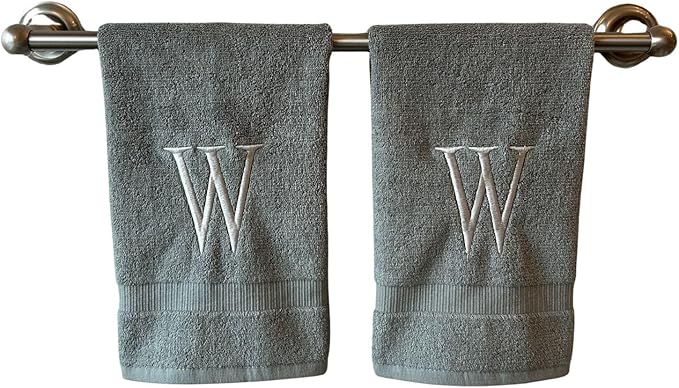Gray Initial Hand Towel for Bathroom - Monogrammed Luxury Hotel Quality Decorative Embroidered Towel for Powder Room, Spa - GOTS Organic Certified - Set of 2 Silver Letter W