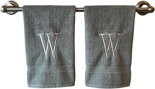 Gray Initial Hand Towel for Bathroom - Monogrammed Luxury Hotel Quality Decorative Embroidered Towel for Powder Room, Spa - GOTS Organic Certified - Set of 2 Silver Letter W