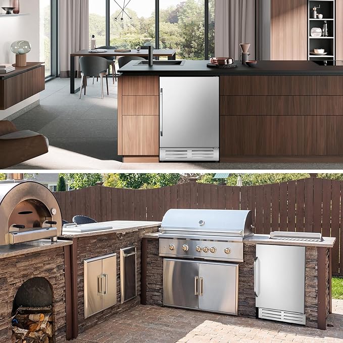 24 Inch Beverage Refrigerator Outdoor, Under Counter Beverage Cooler for Patio, Built-in Drink Fridge 210 Cans, with Stainless Steel Door for Soda, Beer, Wine