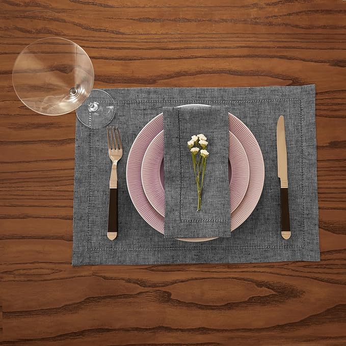 Solino Home Linen Cloth Napkins Set of 4 - Hemstitch 100% Pure Linen Charcoal Grey Dinner Napkins 20 x 20 Inch for Winter, New Year - Milan, Handcrafted and Machine Washable