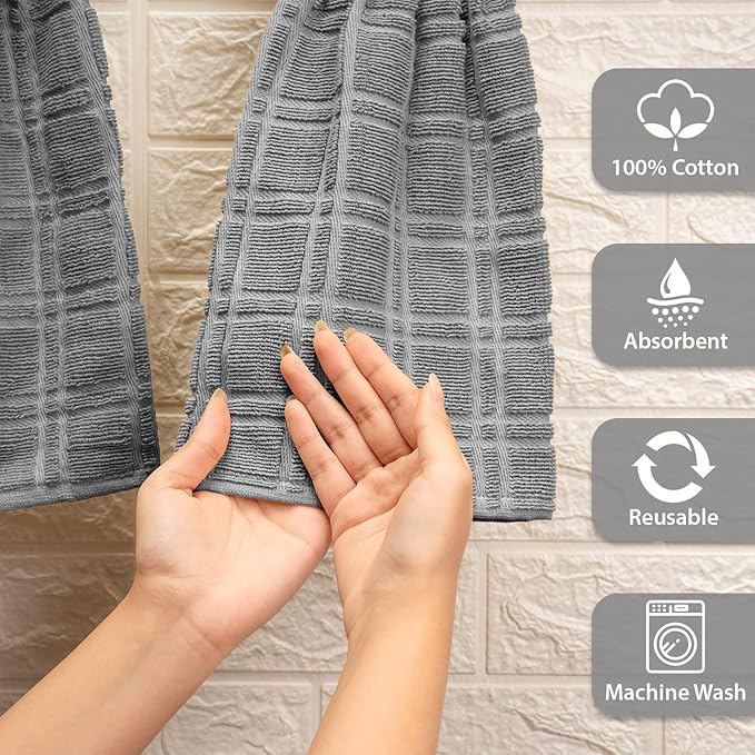 Blue Needles Hanging Kitchen Towels - Grey 100% Cotton Solid Kitchen Tie Towel, Set of 2 Hand Dish Cloth with Hanging Loops 9 x 17 Inches, Absorbent, Super Soft, and Fast Drying Home Essential