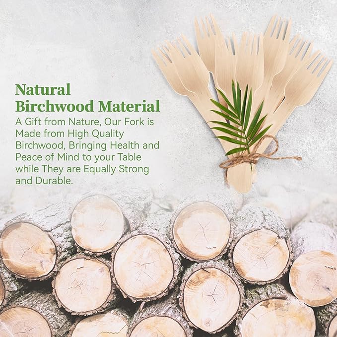 ECOLipak 300 Count Wooden Forks Disposable, Wooden Disposable Compostable Forks for Eating, Party, Camping, Traveling, Family Dinners