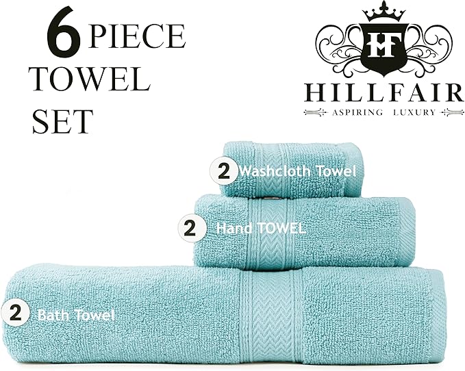 HILLFAIR Premium 600 GSM 6 Piece Towel Set- 2 Bath Towels, 2 Hand Towels & 2 Washcloths, Machine Washable, Hotel Quality, Super Soft & Highly Absorbent Cotton Towel: Ocean Blue
