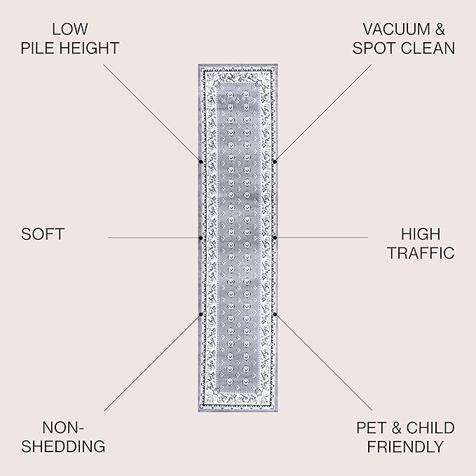 JONATHAN Y Acanthus French Border Gray/Cream Runner Rug, 2x10, Vintage, Bohemian, Easy-Cleaning for Living Room, Bedroom, Kitchen, Pet Friendly, Non-Shedding (MDP504D-210)