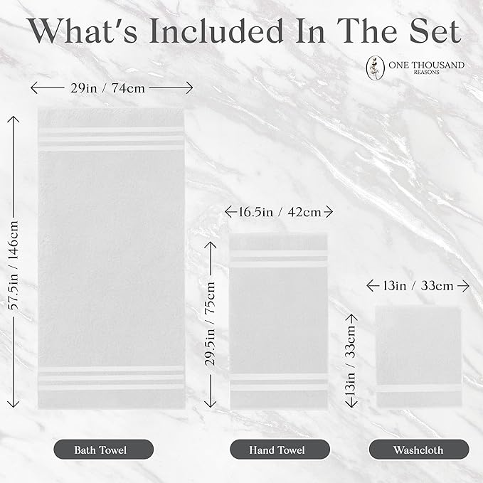 Premium Staple Cotton Bathroom Towel Set - White 600 GSM 6-Piece Luxury Bath Towel Set 3 Stripe - 2 Bath Towels, 2 Hand Towels & 2 Washclothes Set - High Absorbent & Quick Dry for Gym, Spa, Hotel