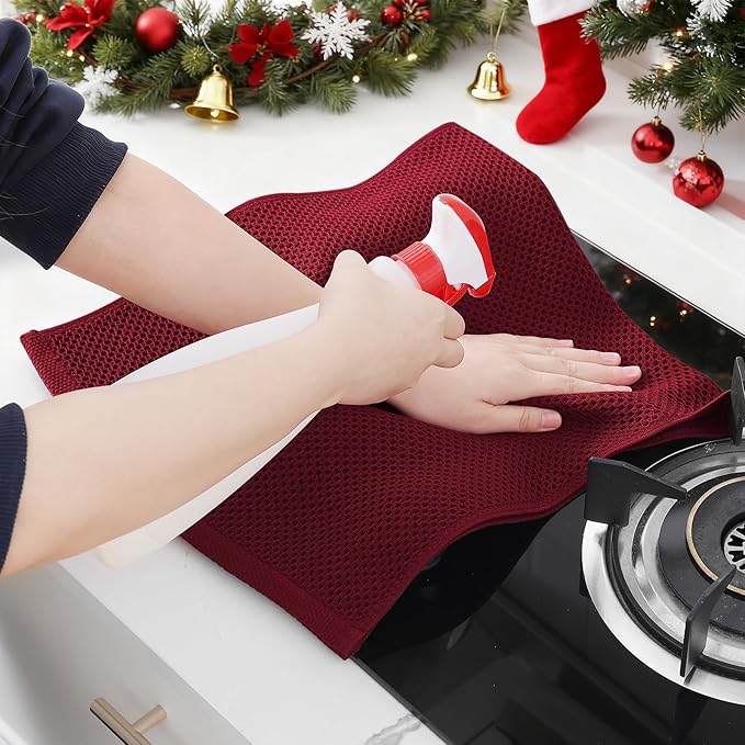 Homaxy 100% Cotton Waffle Weave Kitchen Dish Towels, Ultra Soft Absorbent Quick Drying Cleaning Towel, 13 x 28 Inches, 6-Pack, Burgundy