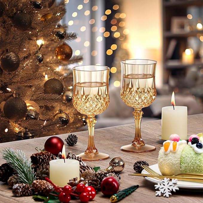 XUWAIDSGN 48 Pcs 7oz Plastic Vintage Wine Glasses Drinking Glasses Unbreakable Wedding Glassware Crystal Water Goblets Reusable Drinkware Vintage Champagne Flutes (48, Amber)