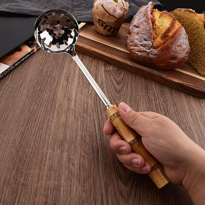 Soup Ladle and Slotted Spoon Set, 304 Stainless Steel Serving Utensils with Natural Bamboo Handle, Soup Spoons For Serving Gravy Hot Pot Or Restaurant, 10.2 Inch, 4 PCS / 2 of Each