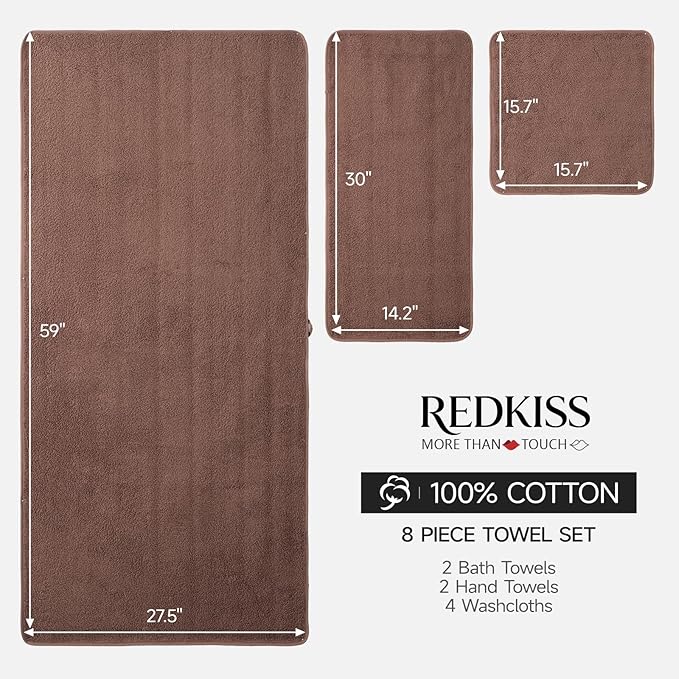 REDKISS 6-Piece Bath Towel Set, Ultra-Plush & Highly Absorbent 100% Cotton Towels for Bathroom, Browe Set Includes 2 Bath Towels, 2 Hand Towels, 2 Washcloths