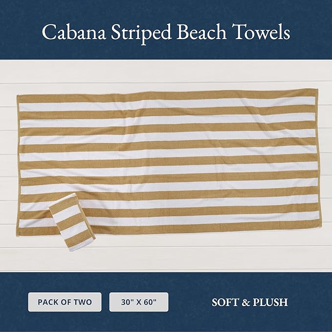 LANE LINEN 100% Cotton Beach Towel - Pack of 2, Cabana Stripe Pool Towels, Oversized Beach Towels for Adults (30" x 60”), Super Absorbent, Large Beach Towels, Quick Dry Towel - Biege