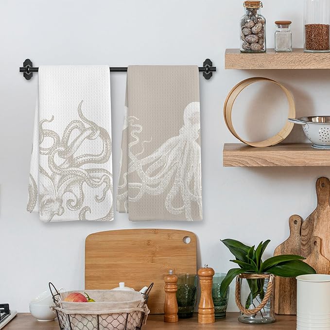 Coastal Beige Octopus Beach Decor Dish Hand Tea Towels for Bathroom Kitchen, Girly Octopus Ocean Nautical Beachy Bathroom Decor, Coastal Kitchen Towels and Dishcloths Sets of 2, 16x24 Inch