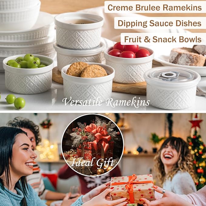 16 oz Creme Brulee Ramekins Oven Safe, Small Souffle Ramekin with lid, Mini Porcelain Ramekins Set with Covers, Small Ceramic Baking Dish Set of 4