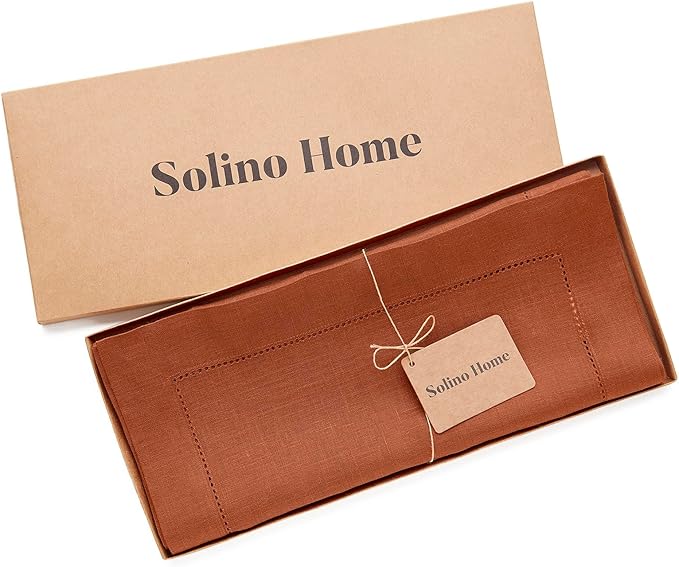 Solino Home Linen Cinnamon Hemstitch Table Runner 60 Inches - 100% Pure Linen Small Table Runner 14 x 60 Inch Ideal for Dresser and Coffee Tables - Classic Hemstitch