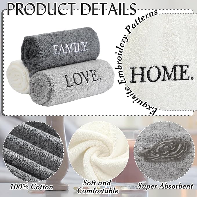 3 Pcs Farmhouse Decorative Hand Towels for Bathroom and Kitchen Rustic Embroidered 100% Cotton Hand Towels Decorative Set for Boho Bathroom Decor (Gray,Home Love Family)