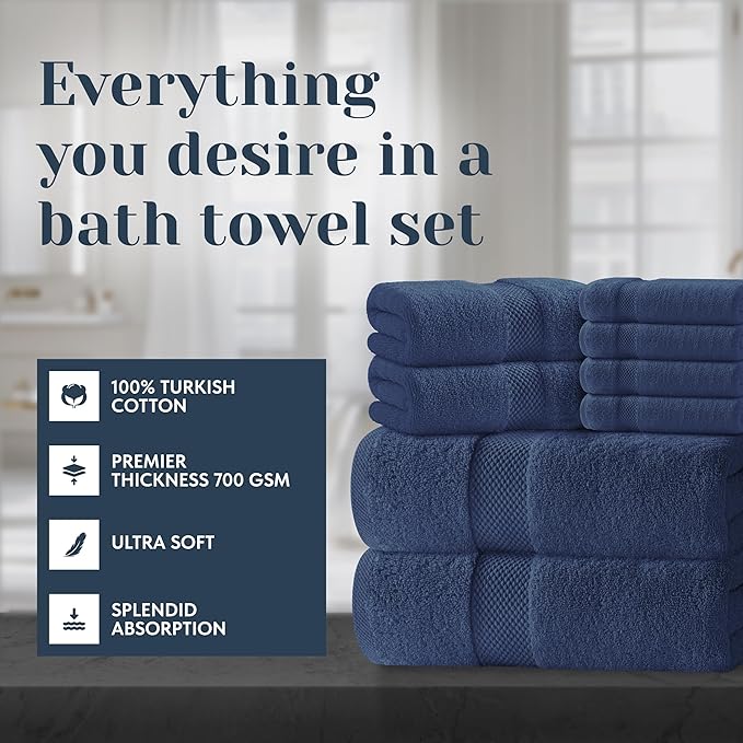 White Classic Luxury Bath Towel Set of 8 Pieces - 100% Turkish Cotton Highly Absorbent Towels for Bathroom, 2 Luxury Bath Towels 700GSM, 2 Hand Towels, 4 Washcloths, Navy