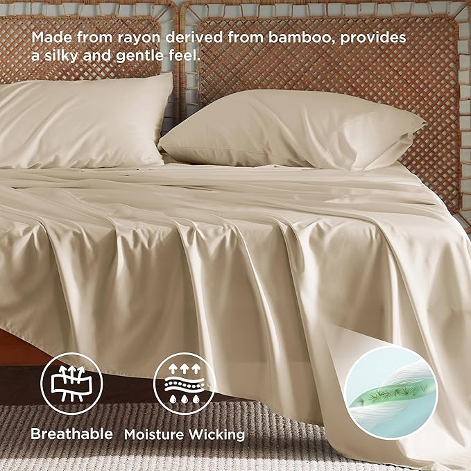Bedsure King Size Sheet Set, Cooling Sheets King, Rayon Derived from Bamboo, Deep Pocket Up to 16", Breathable & Soft Bed Sheets, Hotel Luxury Silky Bedding Sheets & Pillowcases, Beige