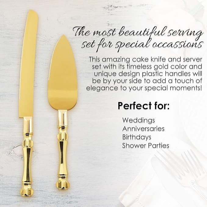 Homi styles Gold Elegant Cake Knife and Server Set, Cake Server and Knife Set of 2 with 420 Stainless Steel Plated Thick Blades, Cake Cutting Set for Wedding, Birthdays, Anniversaries, and Parties