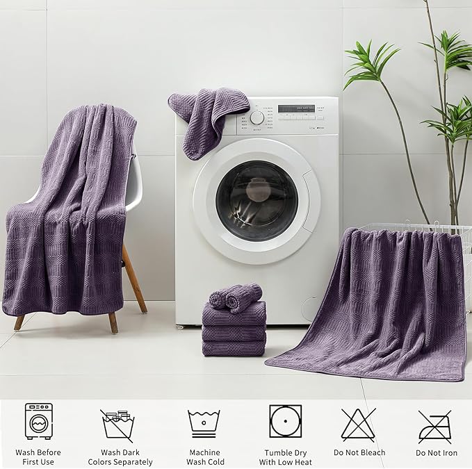 18 Pcs Purple Woven Family Towels Set-6 Bath Sheets,6 Hand Towels,6 Washcloths Soft Polyester Towels Absorbent Shower Towel Quick Dry Beach Chair Towel Lint Less Towels Set for Bathroom Spa Gym Hotel