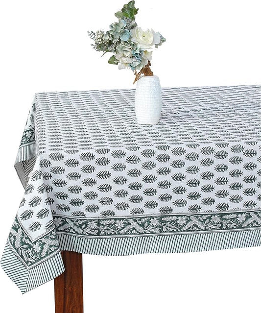 Ridhi Emerald Green Hand Block Print Cotton Rectangle Tablecloth 102" x 48" inches Reusable Table Cover Decorative Everyday Use for Dining, Farmhouse, Home, Party, Festive, Wedding, Fall