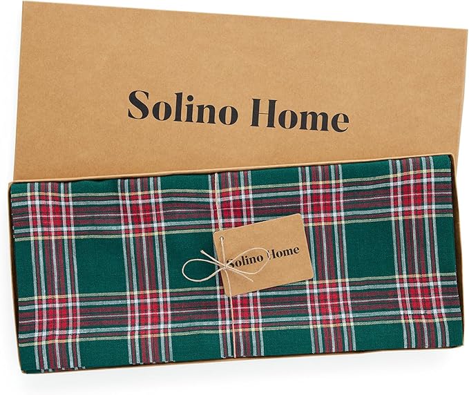 Solino Home Plaid Table Runner 132 Inches Long - 100% Pure Linen Green Tartan Plaid Table Runner 14 x 132 Inch for Dining, New Year